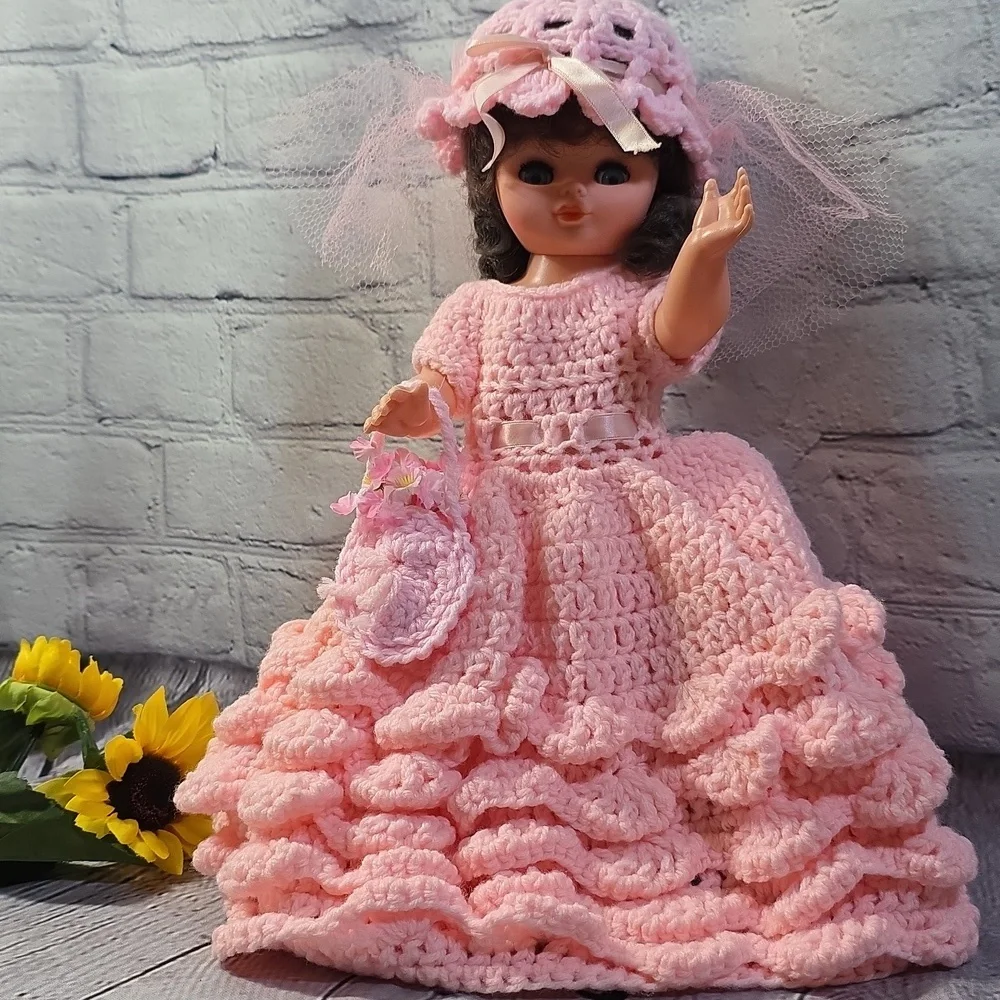 Vintage Angel Doll Brunette Crochet Dress and Accessories Pink 14